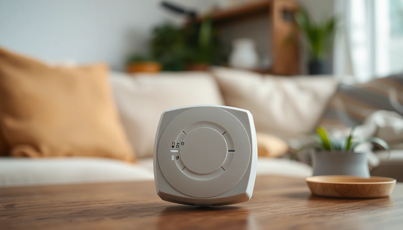 carbon monoxide detector beeping in a warm living room, showcasing safety features.