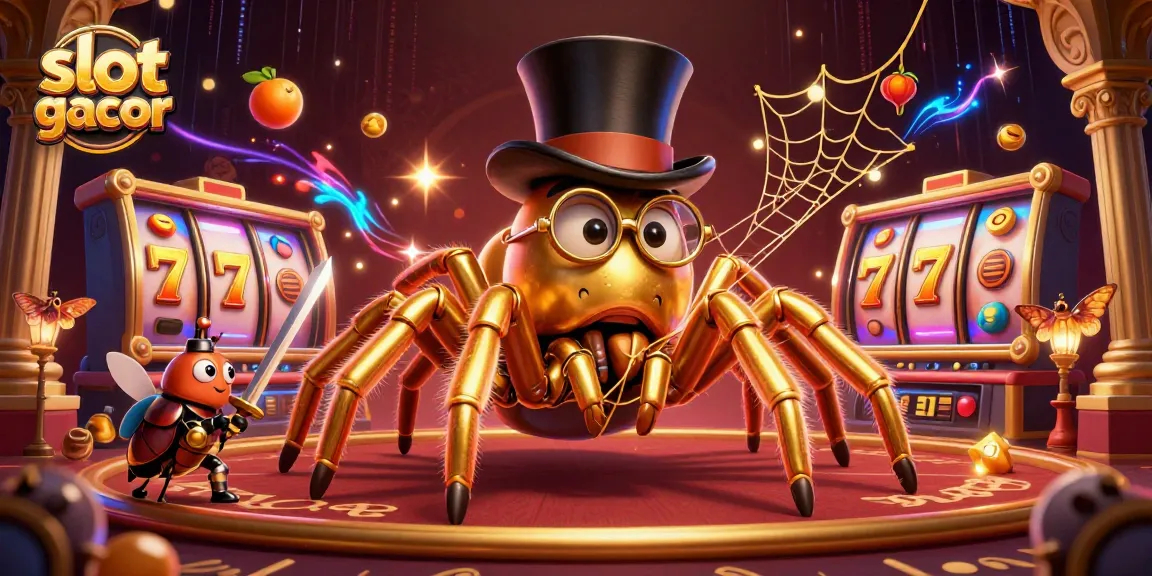 Experience slot gacor excitement with a vibrant 3D casino scene featuring golden symbols and lively characters.