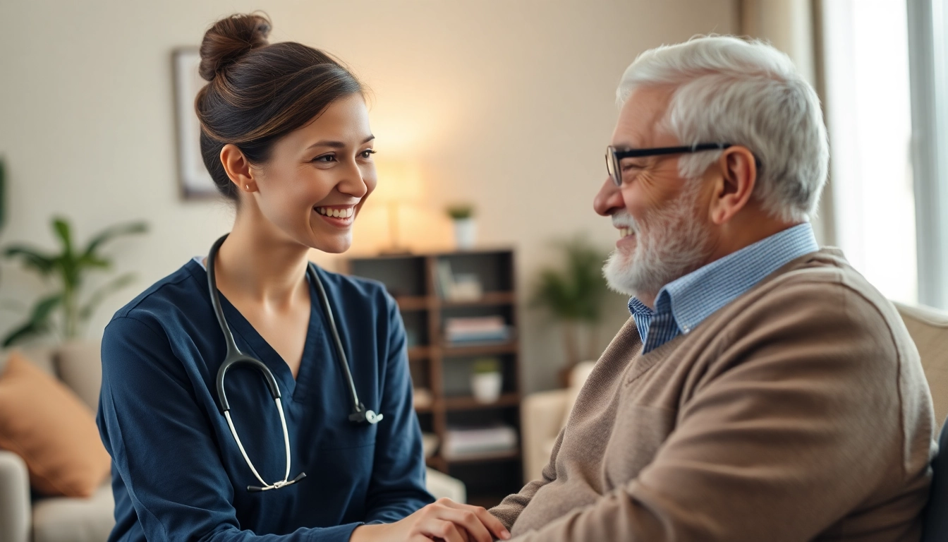 Engaging senior care austin tx scene of a caregiver and elderly man enjoying a heartfelt conversation.