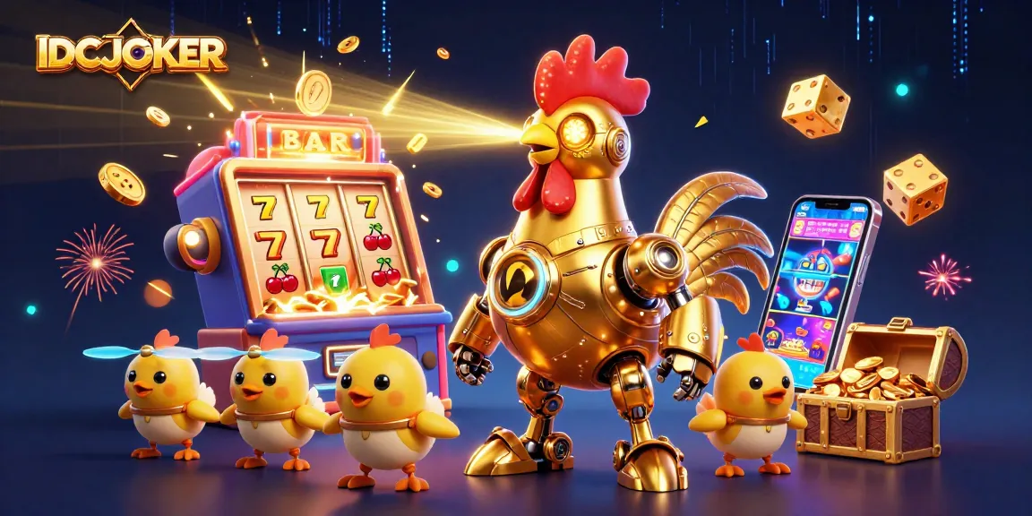 Experience thrilling gameplay with IDCJOKER, showcasing a golden rooster robot and jackpot elements.