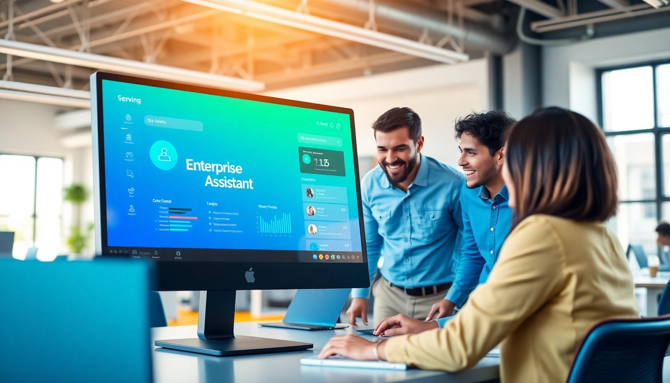 Illustration of dynamic team using enterprise assistant software in a modern workspace.