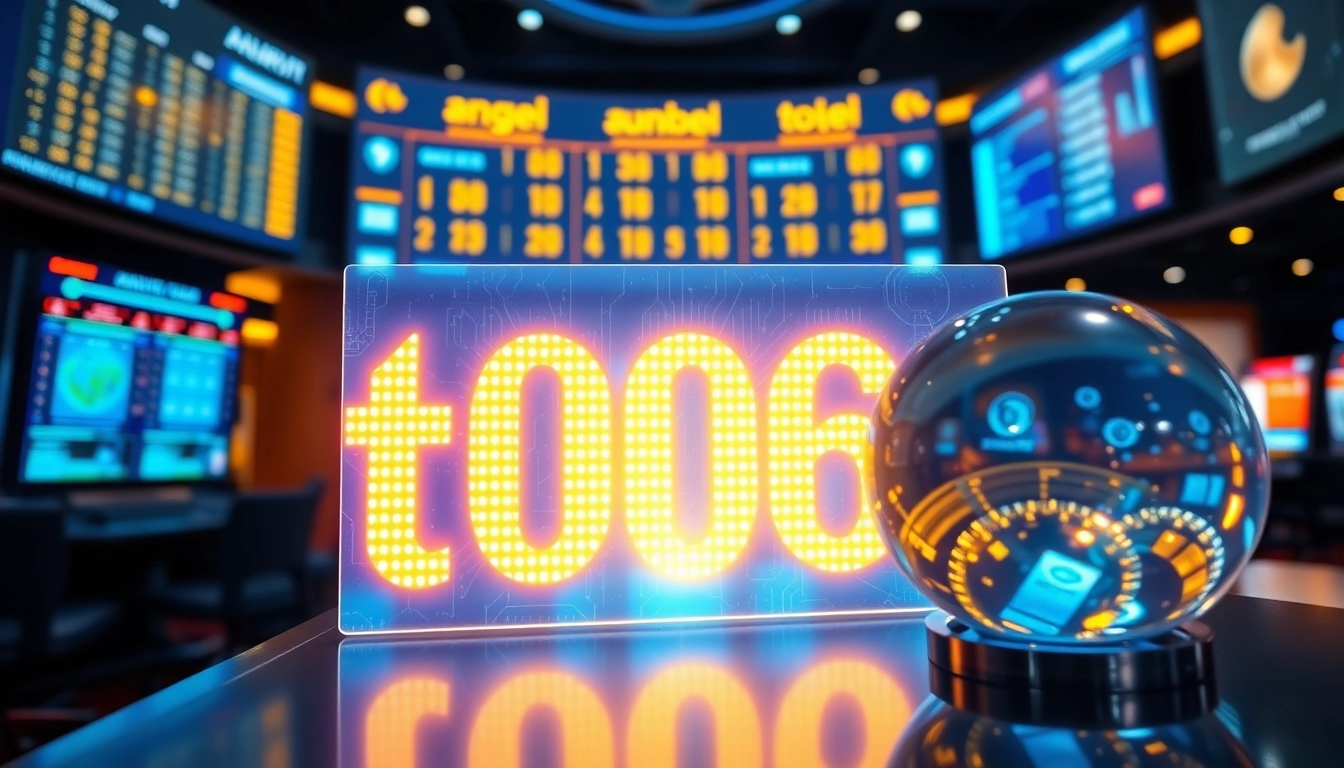 Menggambarkan angka togel yang menonjol di dalam tampilan hasil undian lotere digital yang futuristik dan berwarna cerah.