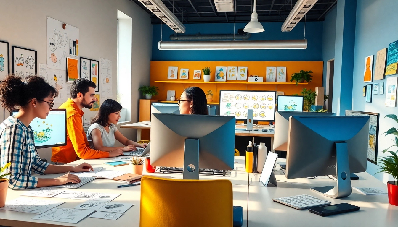 Animationsagentur team collaborating on creative projects in a modern office