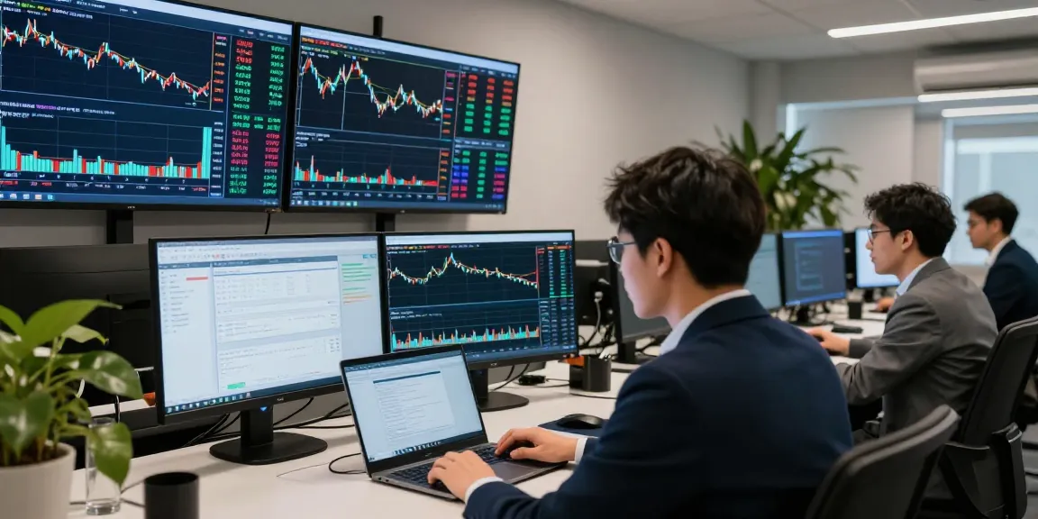 Traders analyzing forex market live prices in a modern trading room with multiple screens.