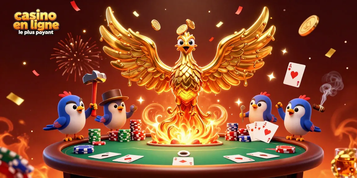 Jouez dans un casino en ligne le plus payant avec notre illustration de phoenix doré en 3D, entouré de jetons et cartes.