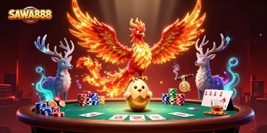 Engage with SAWA888's vibrant casino scene showcasing poker elements and mystical characters.