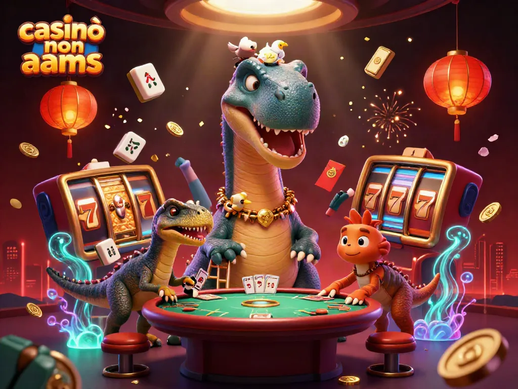 I casinò non AAMS offrono un'illustrazione vivace con un brontosauro e un rapace ai tavoli da poker.