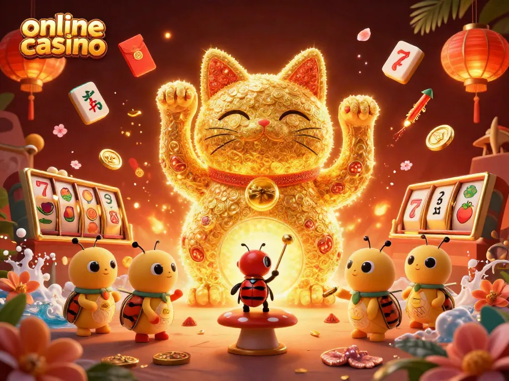 Disfruta de la emoción del casino online con un gato de la suerte y símbolos de juego vibrantes.