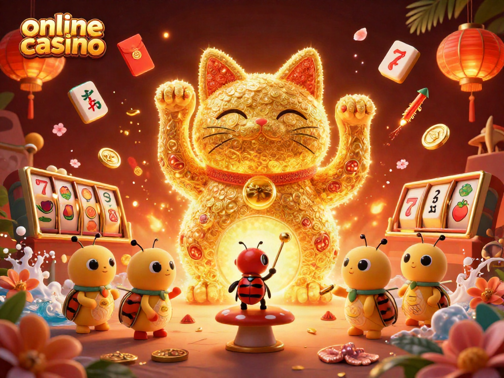 Disfruta de la emoción del casino online con un gato de la suerte y símbolos de juego vibrantes.