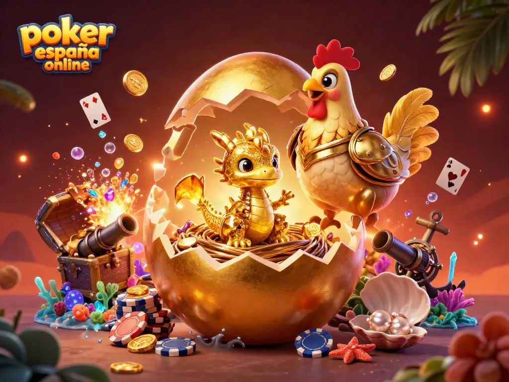 Disfruta del emocionante poker españa online con un dragón dorado y fichas de poker brillantes.