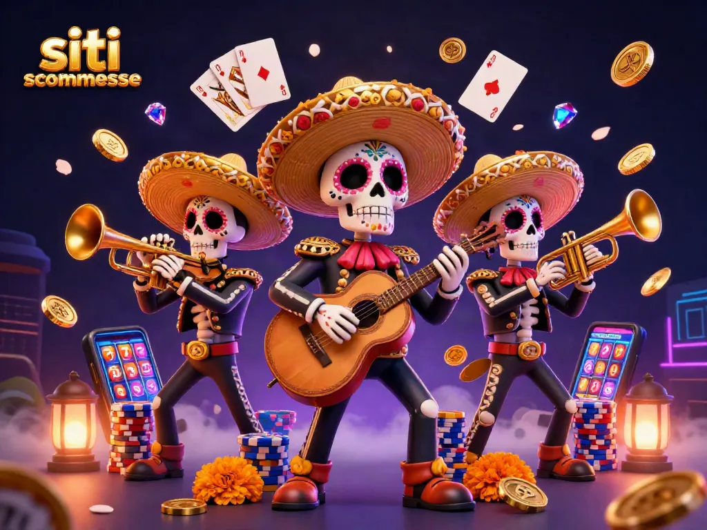 Gioca su siti scommesse con questa vivace illustrazione di scheletri mariachi immersi in un'atmosfera festosa.