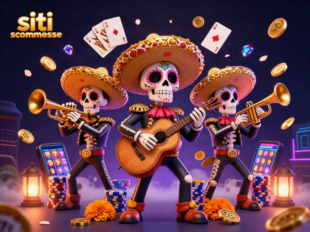 Gioca su siti scommesse con questa vivace illustrazione di scheletri mariachi immersi in un'atmosfera festosa.