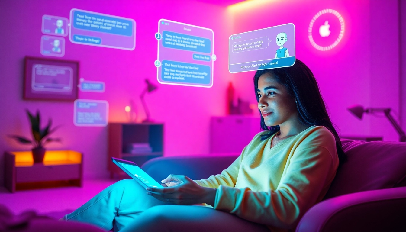 An engaging scene of a diverse user interacting with an AI sex chat chatbot on a modern device, illuminated by ambient lighting.