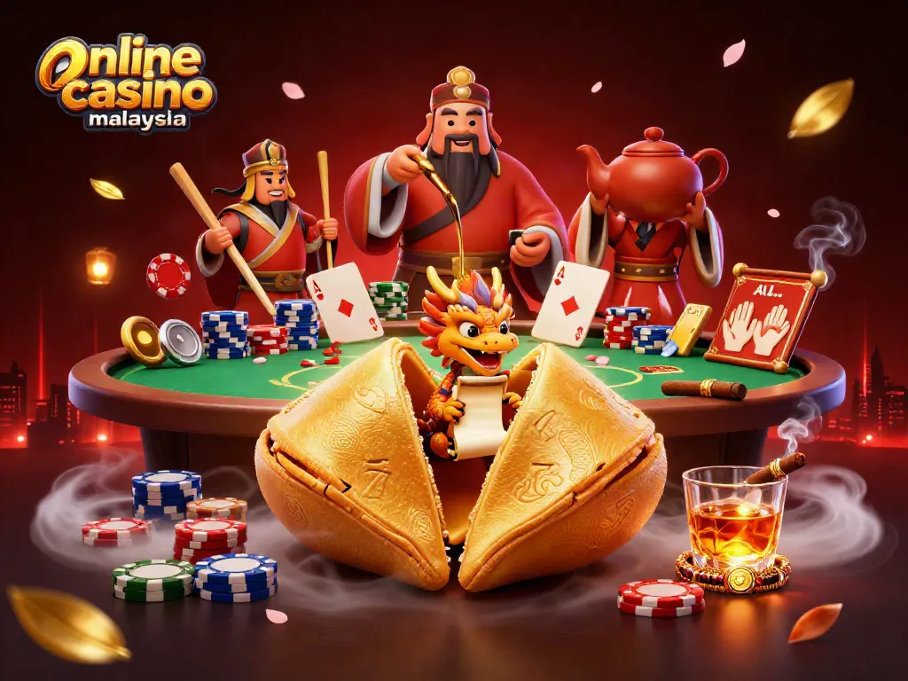 Engage with the online casino Malaysia scene featuring a magical fortune cookie and poker action elements.