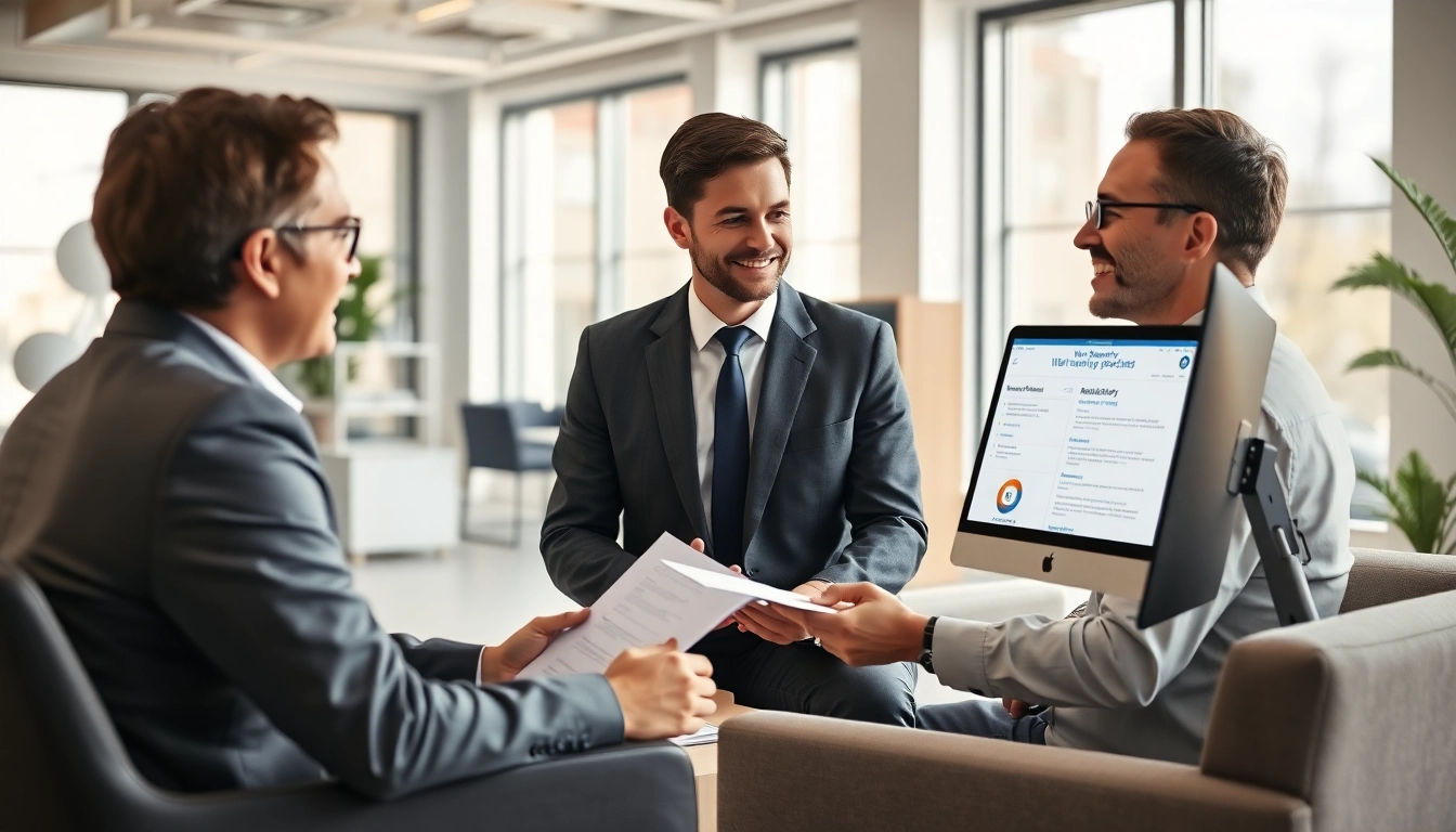 Engaging discussion about expert led warranty company services in a modern office setting.