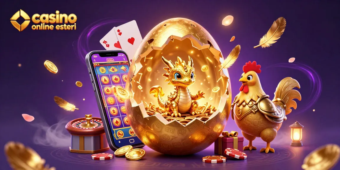 Scopri casinò online esteri con un drago dorato e giochi d'azzardo affascinanti in un'illustrazione vivace.