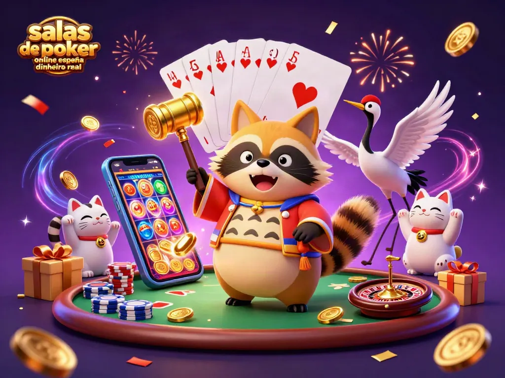 Salas de póker online en España con dinero real, visualizando un emocionante juego de cartas y fichas en un entorno festivo.