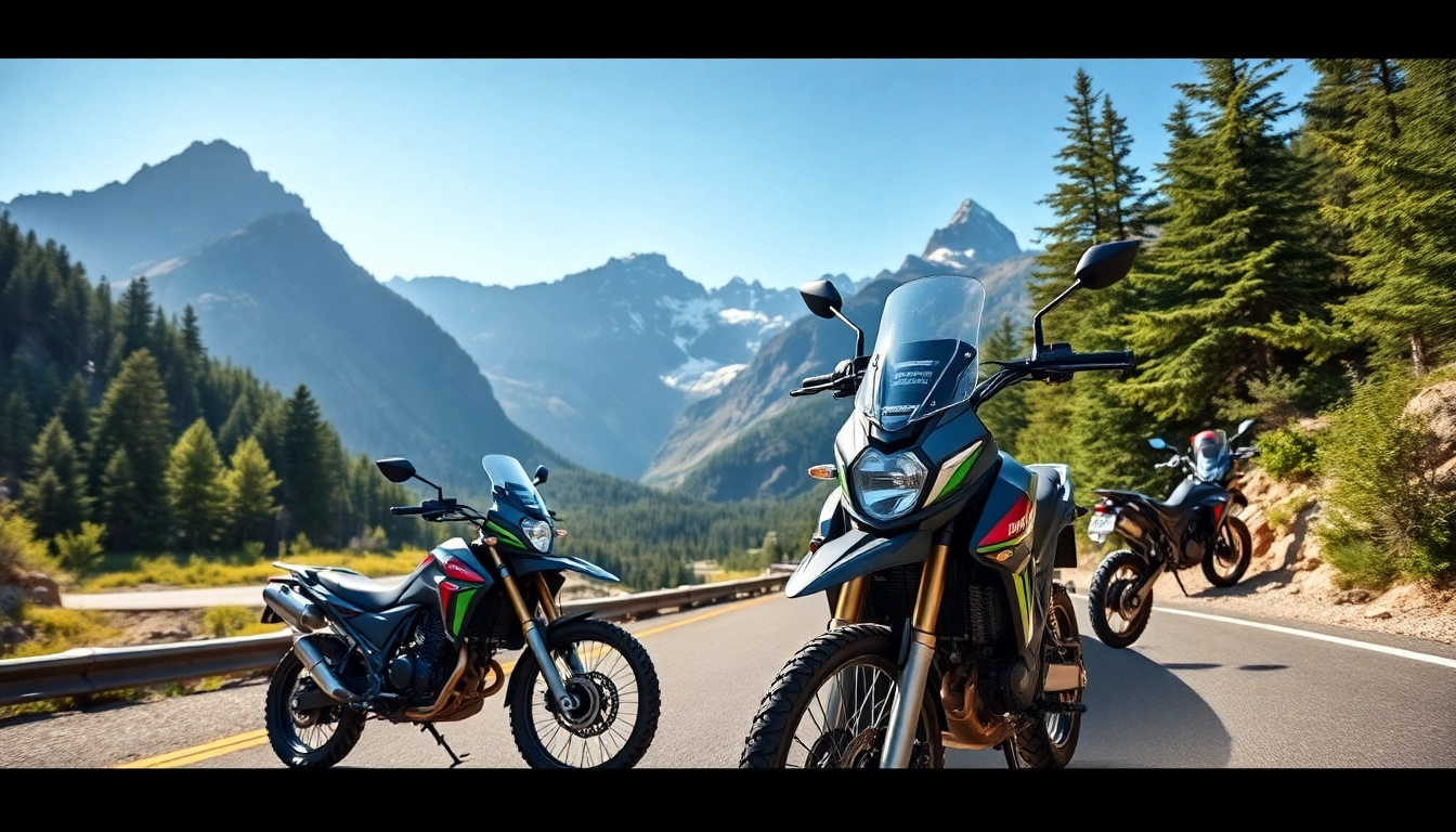 Showcasing dual sport street legal motorcycles ready for adventure in a picturesque mountain setting.