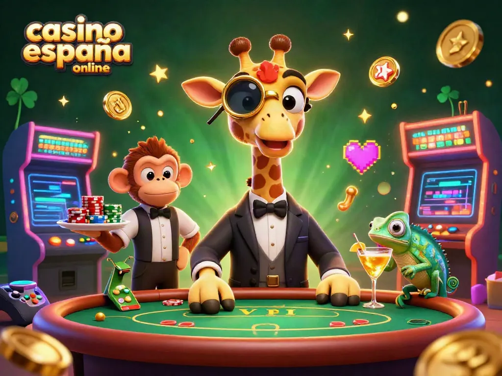 Juega en casino España online con una elegante jirafa, un mono valet y un camaleón barman en una vibrante escena de casino.