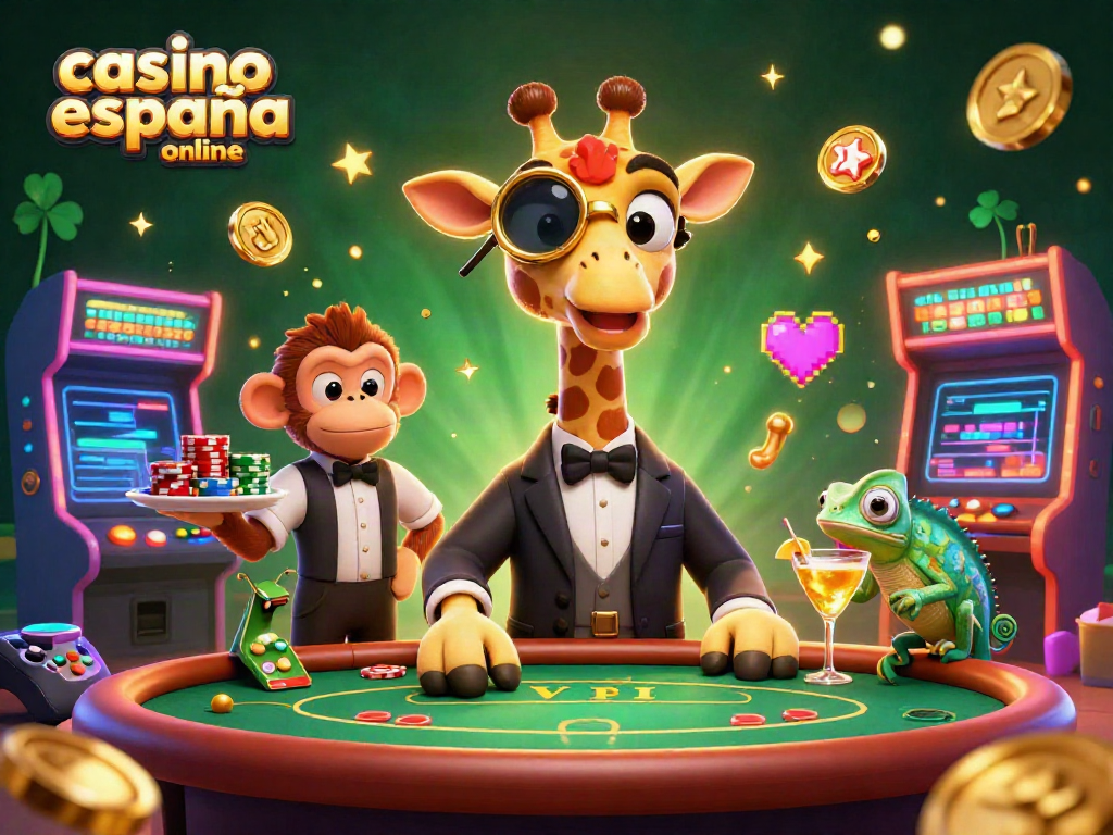 Juega en casino España online con una elegante jirafa, un mono valet y un camaleón barman en una vibrante escena de casino.