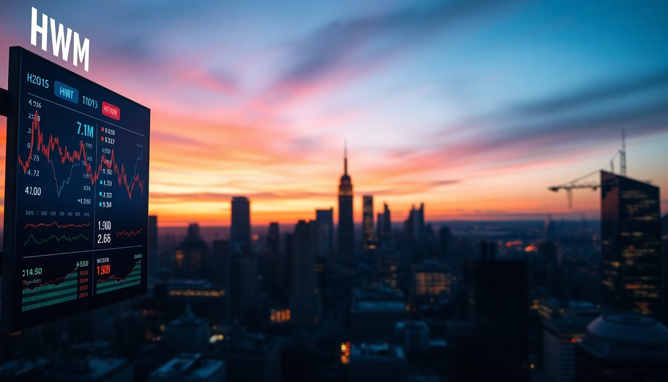 Analyze HWM stock price trends with this financial chart featuring dynamic city elements.