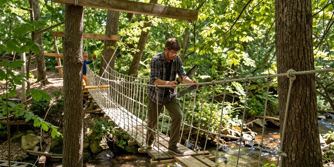 Artisan working on a Rope Bridge design in a forest setting, showcasing craftsmanship and nature.