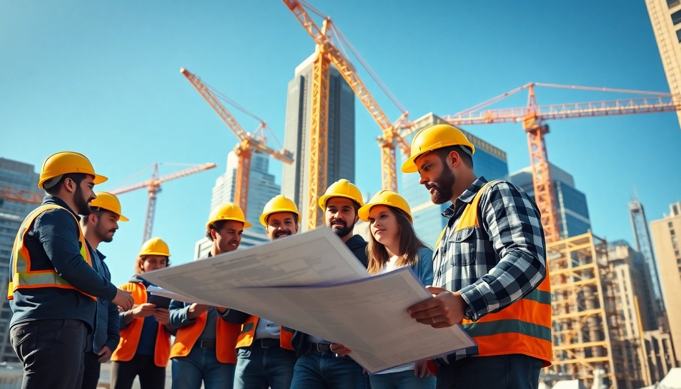 New York Commercial General Contractor team collaborating at a bustling construction site.