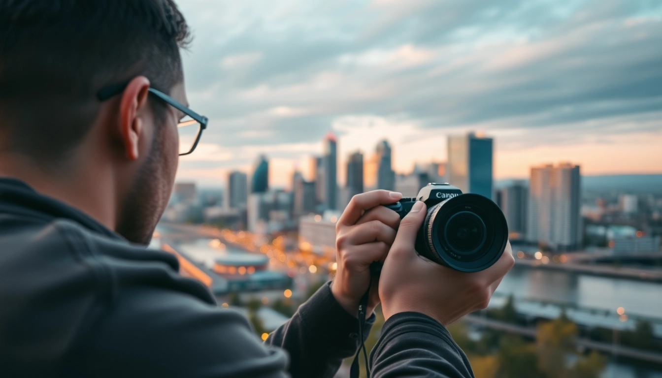 Engaging photography company edmonton showcasing a photographer capturing vibrant cityscapes.
