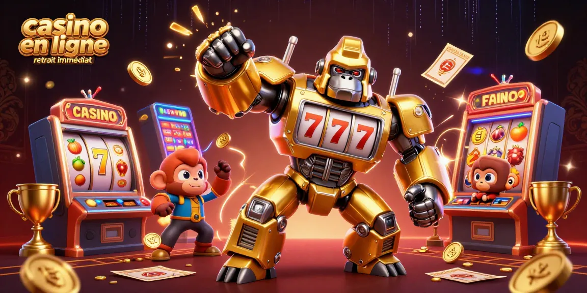 Découvrez le casino en ligne retrait immédiat avec un gorille mech doré explosant de richesse et de jeux de machines à sous.