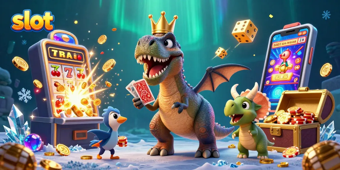Experience thrilling slot action with cartoon dino characters shuffling cards and stacking chips.