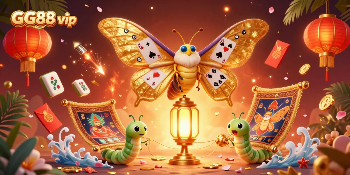 Engage with GG88 vip in a vibrant 3D illustration showcasing a casino theme with golden wings and festive elements.