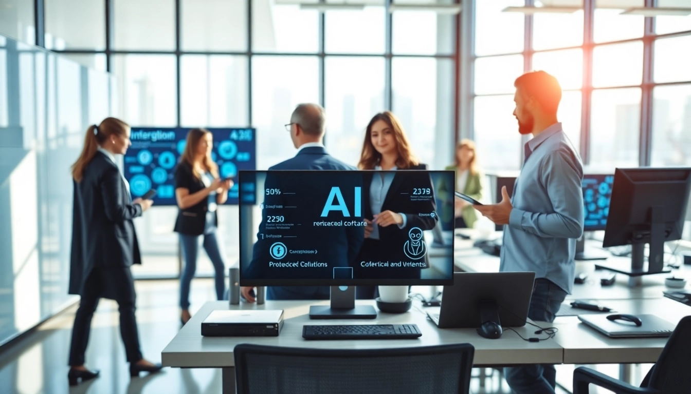 Showcasing an AI software interface within a modern office to highlight collaboration and innovation.