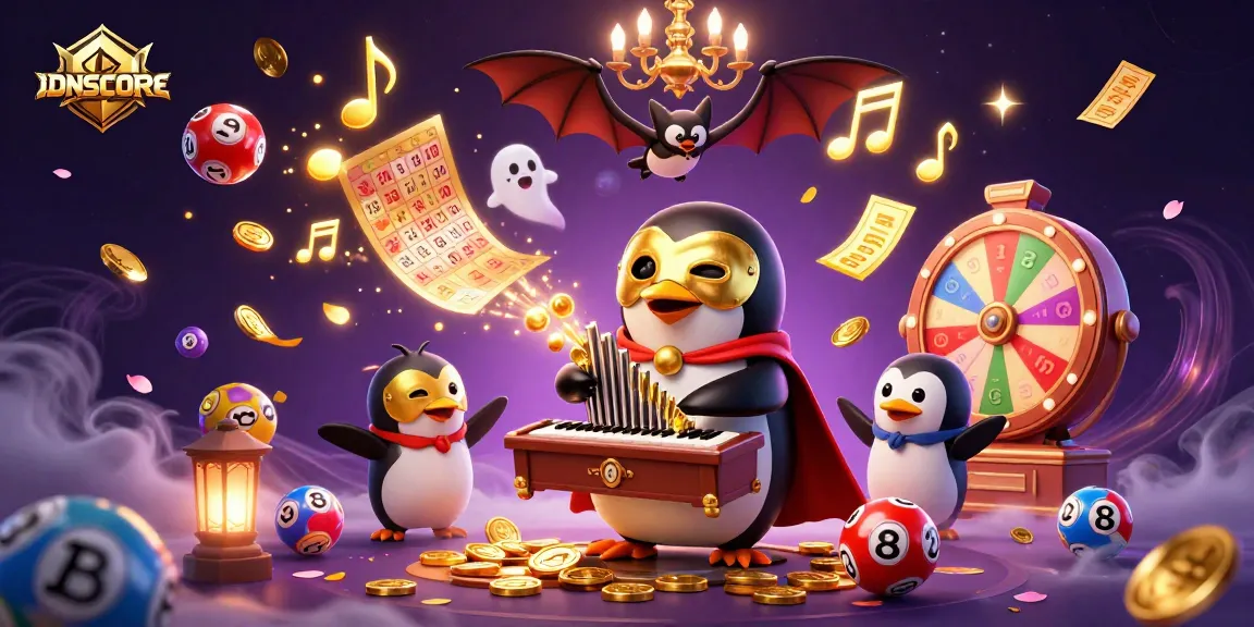 Experience breathtaking IDNSCORE gameplay with a 3D penguin playing an organ amidst vibrant lottery elements.