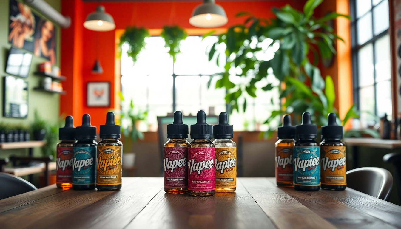 Showcasing vibrant vape juice bottles on a wooden table in a cozy vape shop setting.