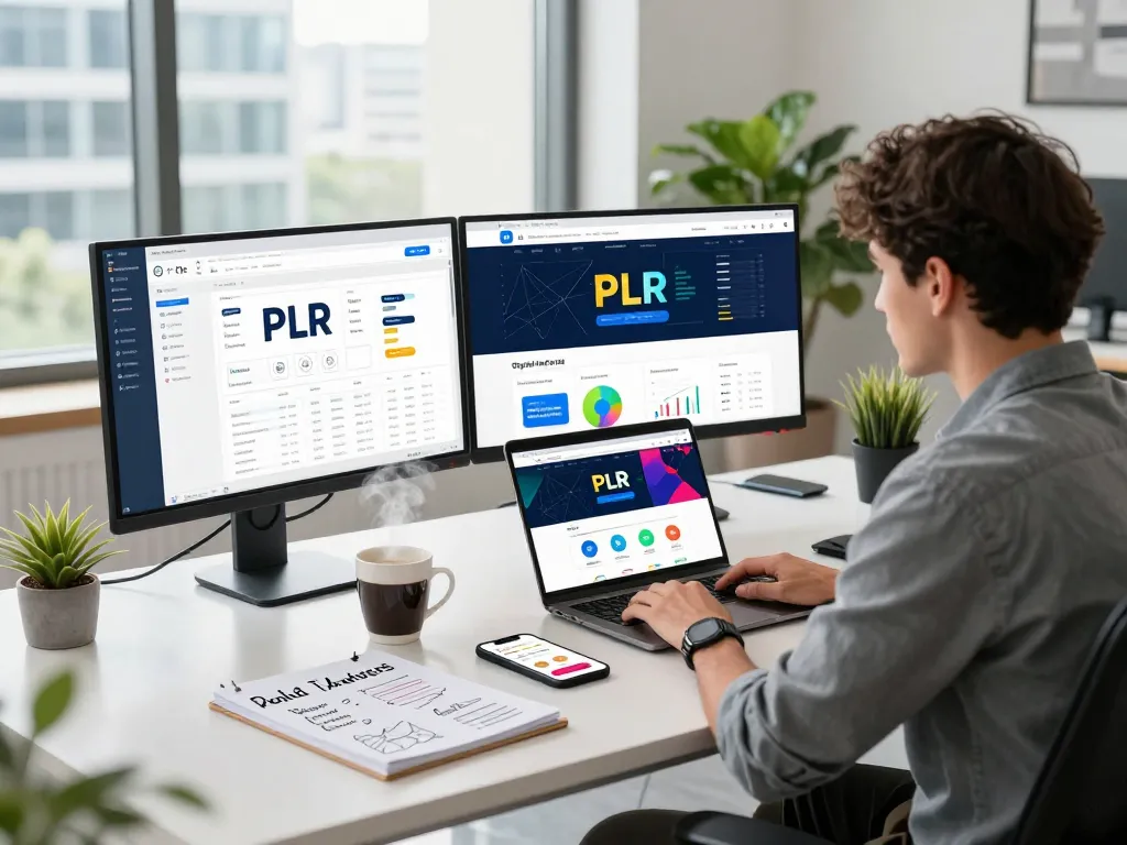 Purchase PLR Content in a vibrant workspace showcasing marketing analytics and engaging digital products.