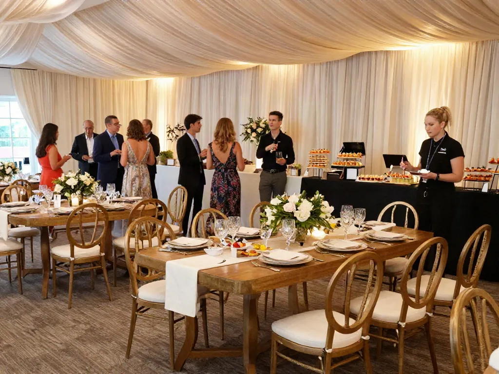 Event furniture rental options showcased in an elegant banquet setup with guests and ambient lighting.