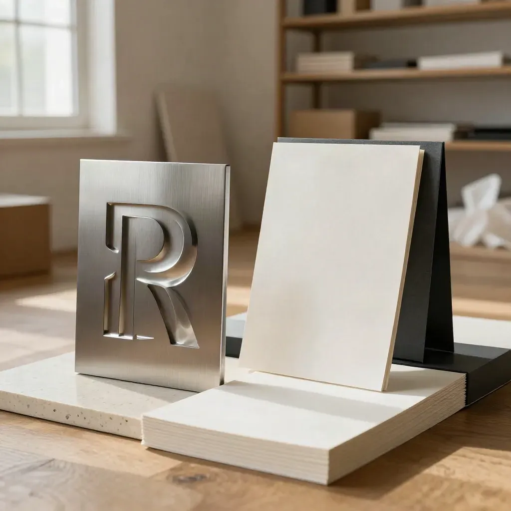 Brushed aluminum logo mark beside blank stationery and a presentation board in a sunlit studio.