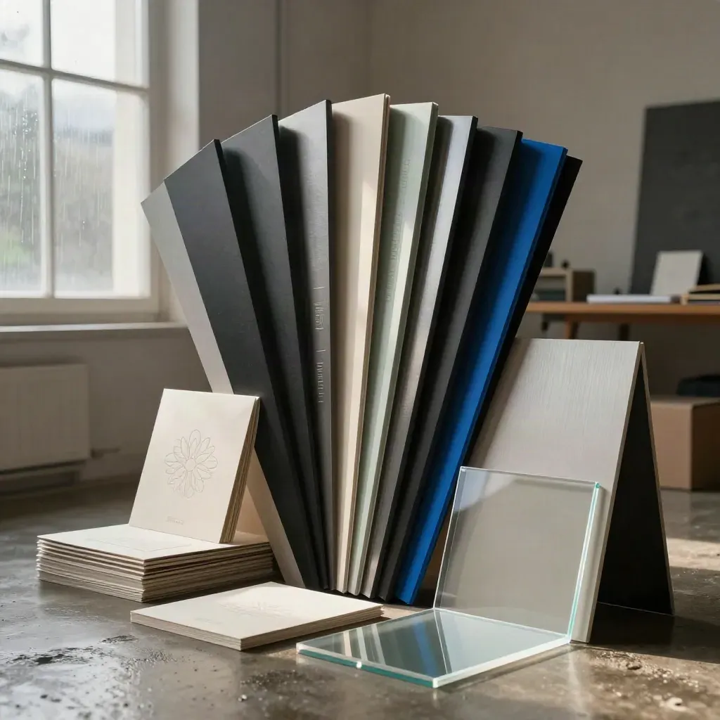 Low studio bay with die-cut boards, stationery stacks, foil sleeves, and electric-blue accents in rain haze.