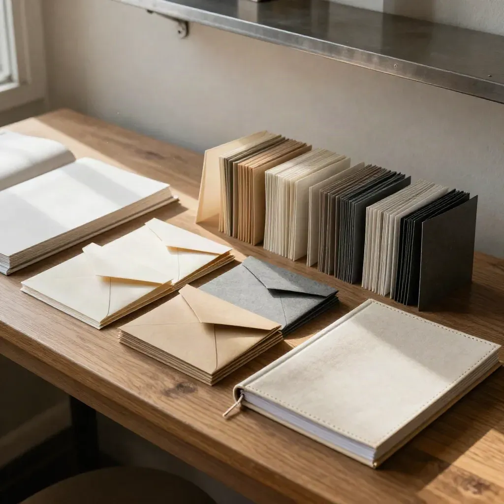 Identity system materials—swatches, sleeves, and a blank rule book on a bindery bench.