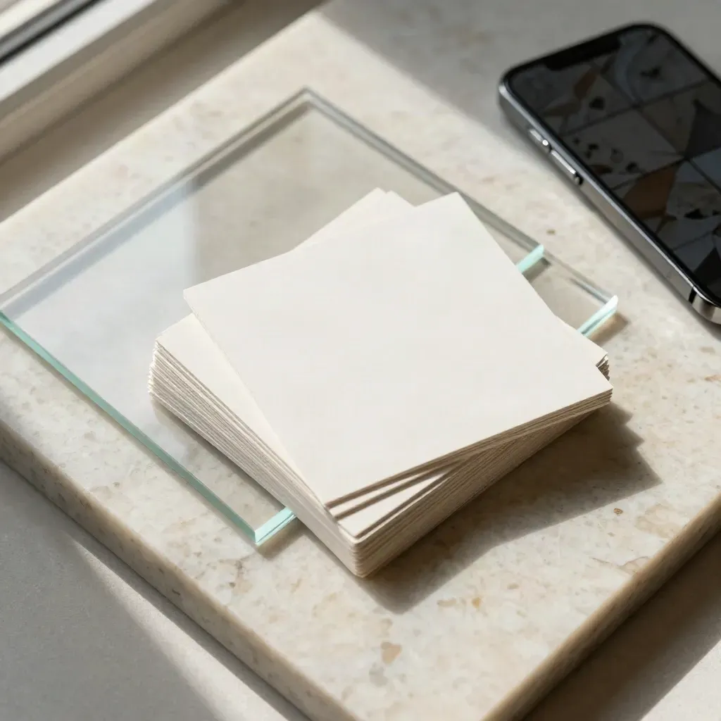 Fan of square template cards with acrylic mockup frames on pale travertine, one corner lifting.