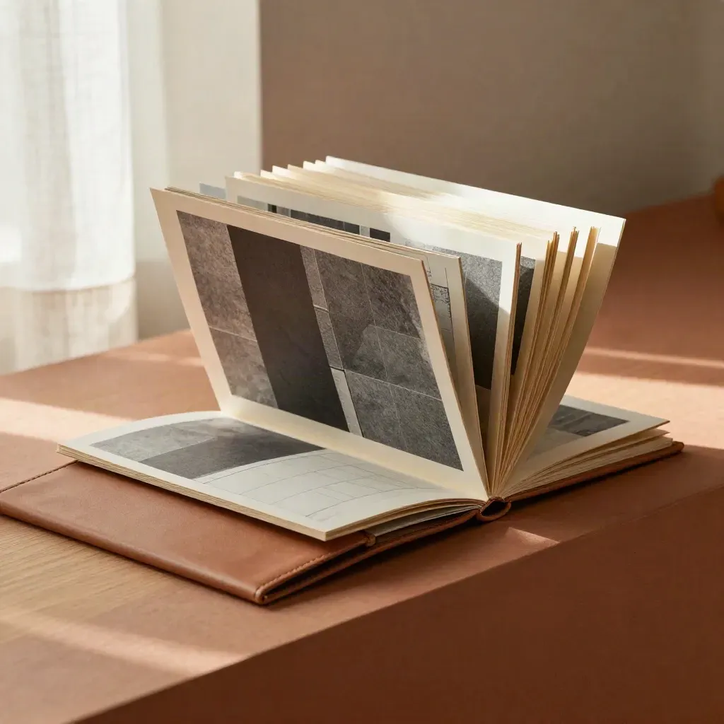 Warm presentation deck boards, satin folder, and portfolio case by a sunlit window.