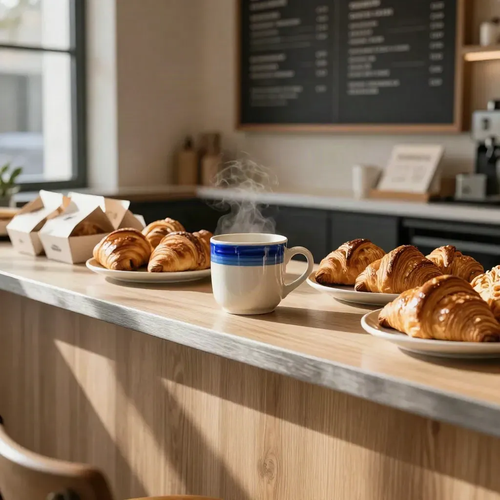 Empty café counter with mugs, pastry domes, wrap boxes, and blurred menu boards in warm morning light.