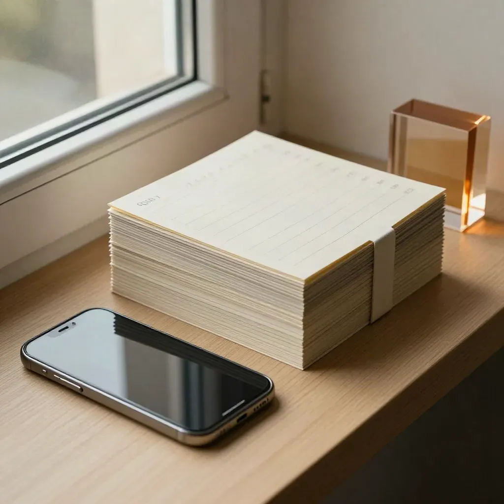Template tiles, closed notebook, face-down phone, and acrylic stand on a sunlit studio ledge.