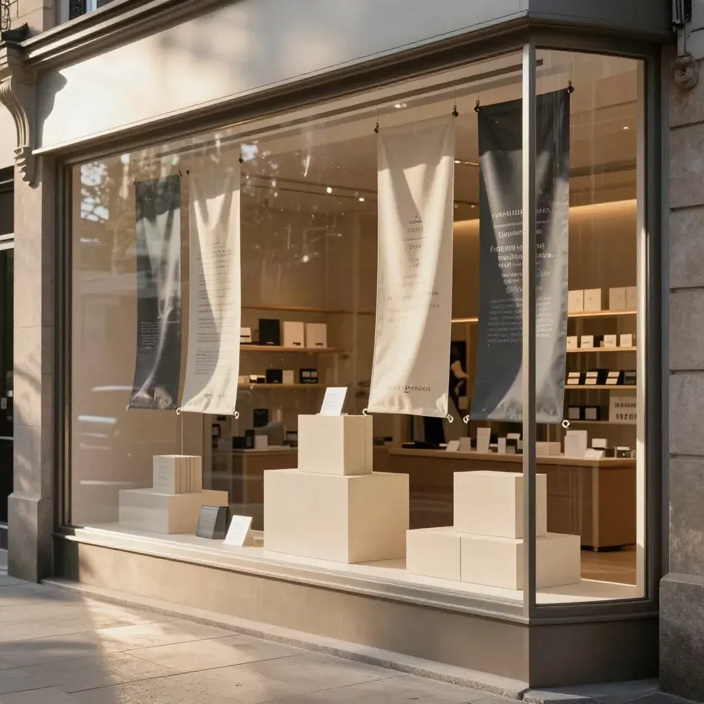 Boutique storefront window with campaign banners, blurred decals, and stacked product boxes in late light.