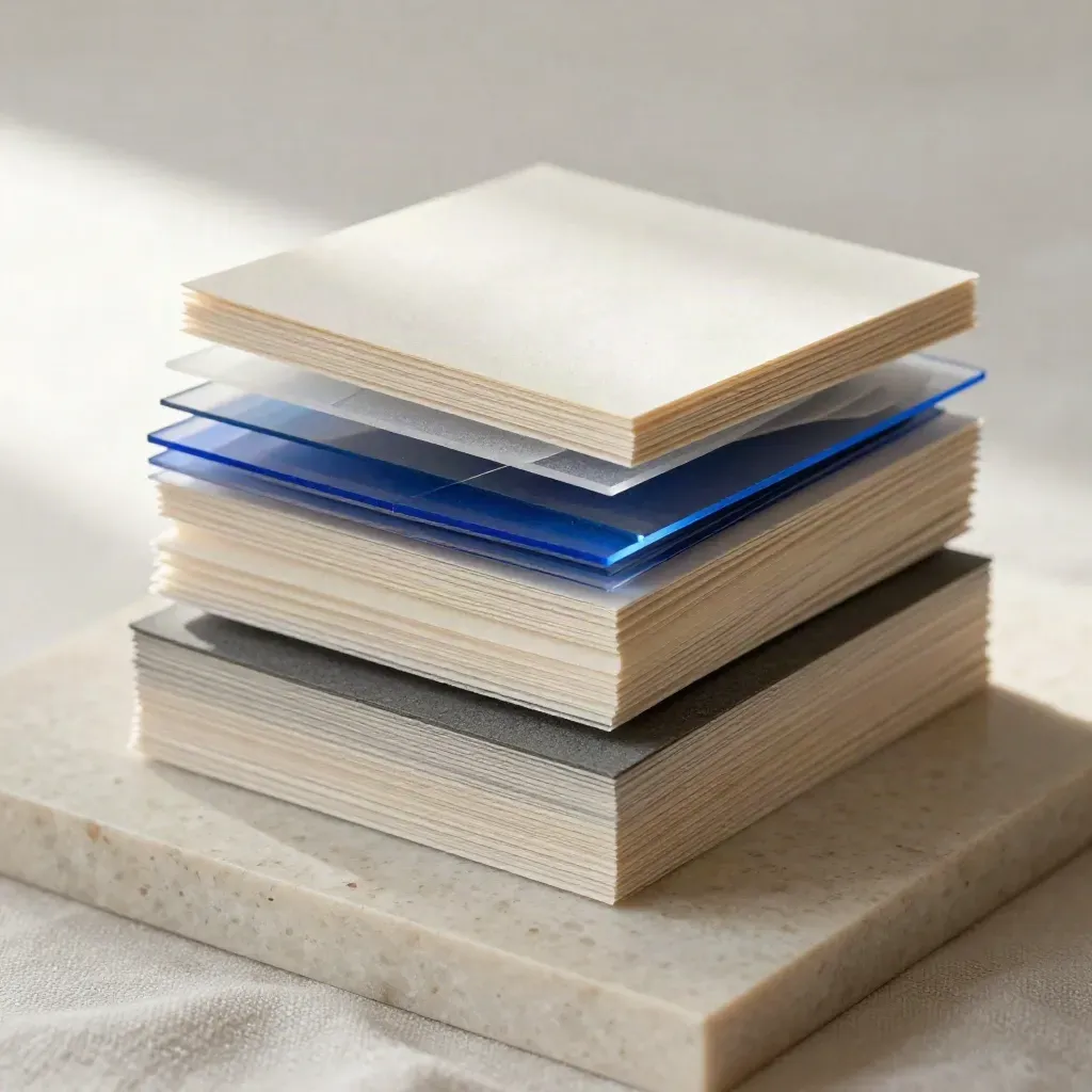 Macro stack of paper samples and acetate overlays on travertine, edged with electric blue