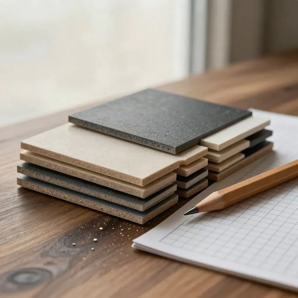 Die-cut mockup tiles, matte swatches and a craft pencil on warm walnut in dramatic studio light.