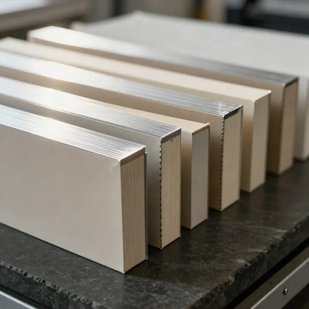 Foil sample strips, stock reams, binding spines and a proof packet on dark stone.