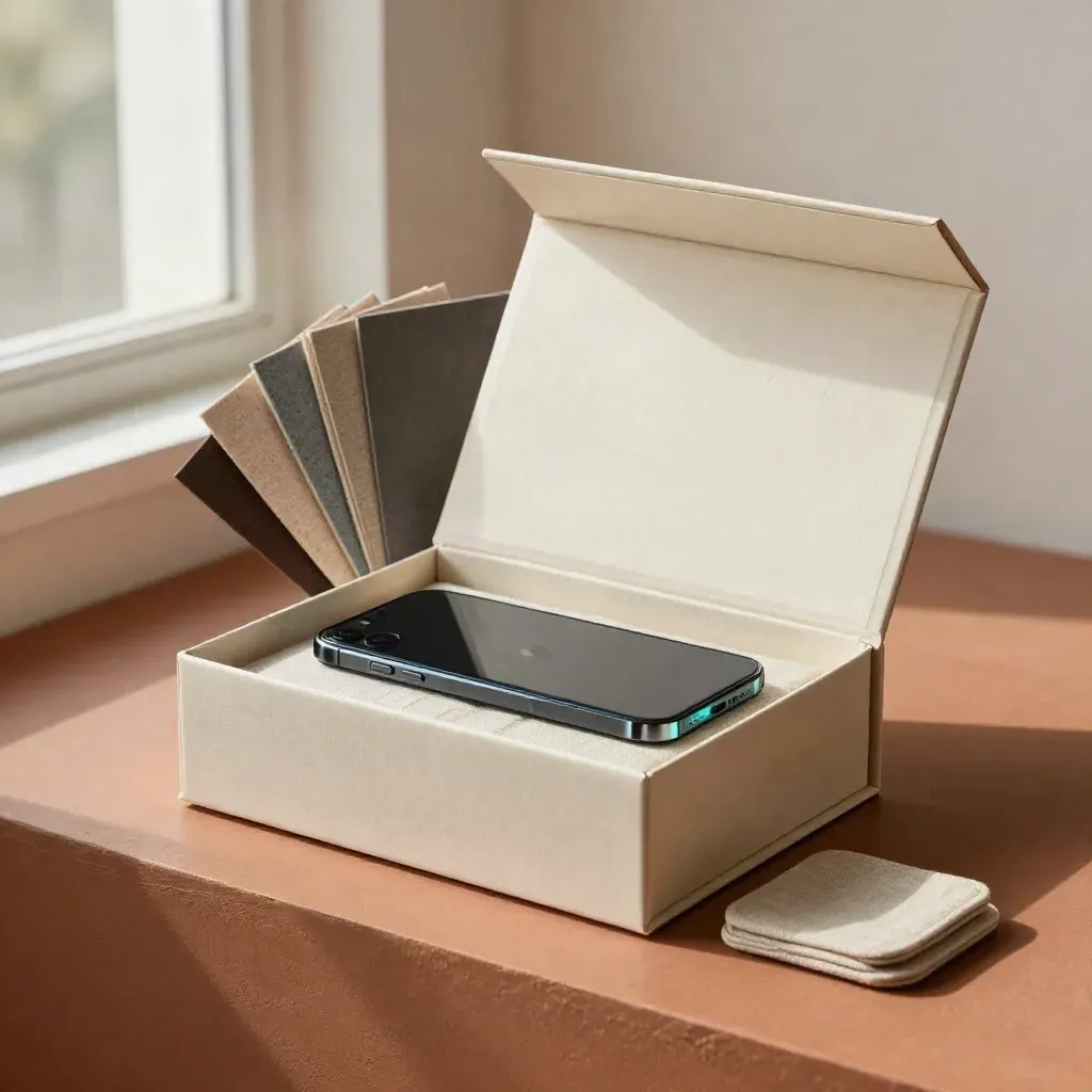 Open presentation box with sample sleeves, face-down phone and linen coaster on terracotta ledge
