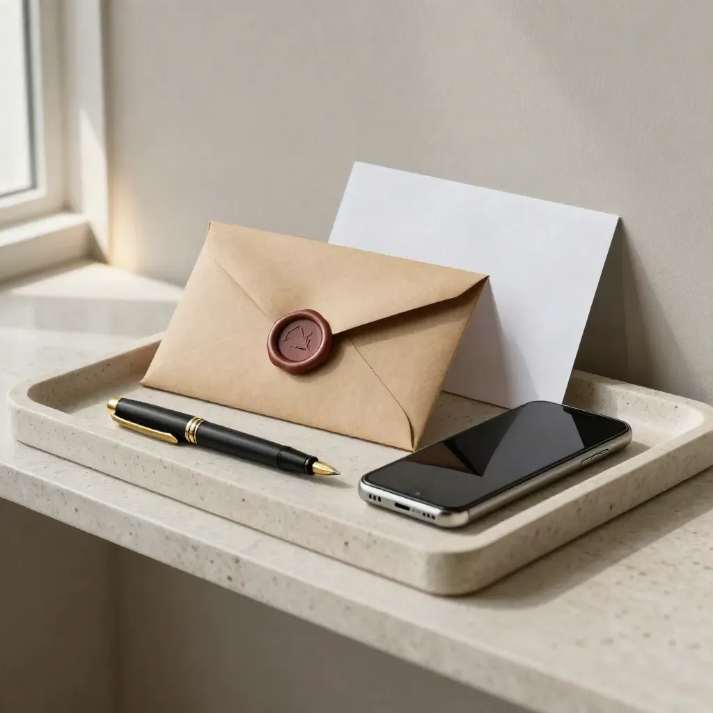 Sealed envelope, brass clip, fountain pen, and face-down phone on a stone tray.