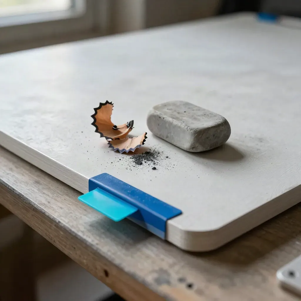 Proof board corner with blue revision tabs, eraser, shavings, and dust on plaster